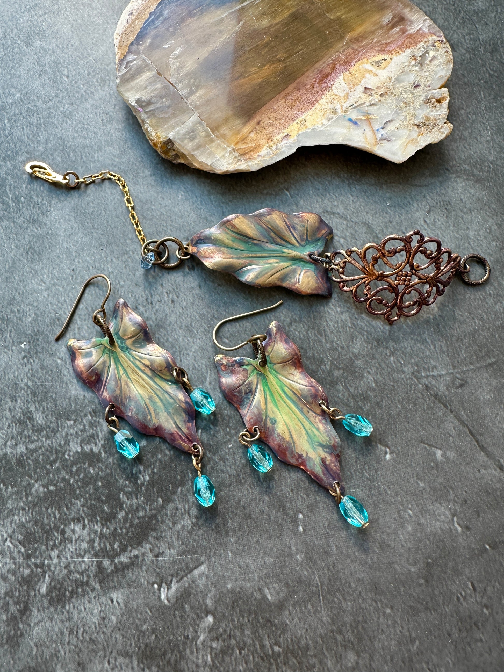 Leaf earrings and necklace, 4CEFE68D-F702-4D4A-BF2E-26F58984B2AB