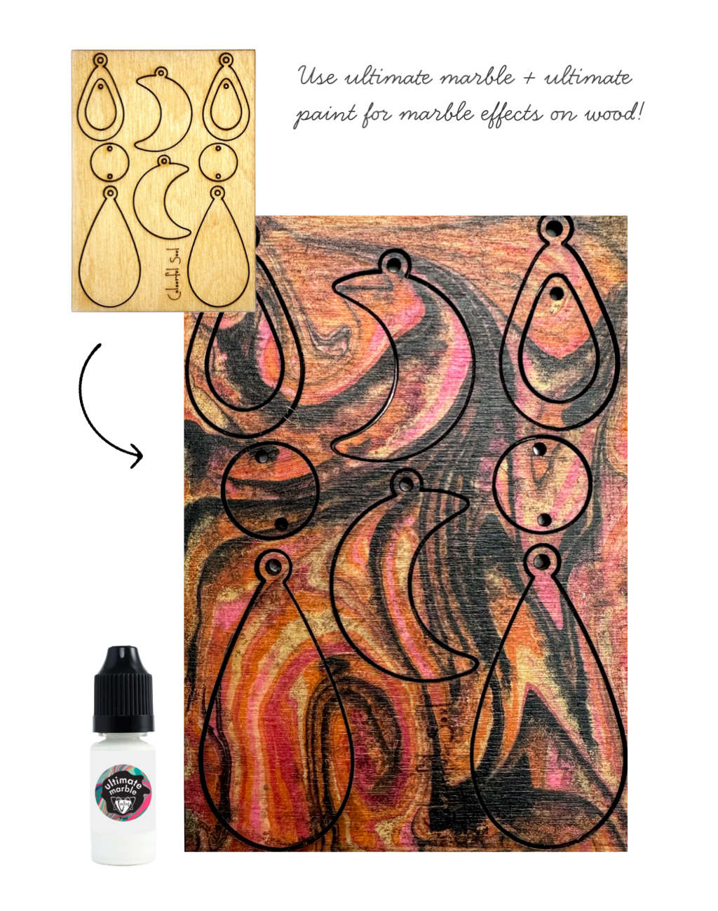 Marble effect earrings on wood, using paint and stencil.