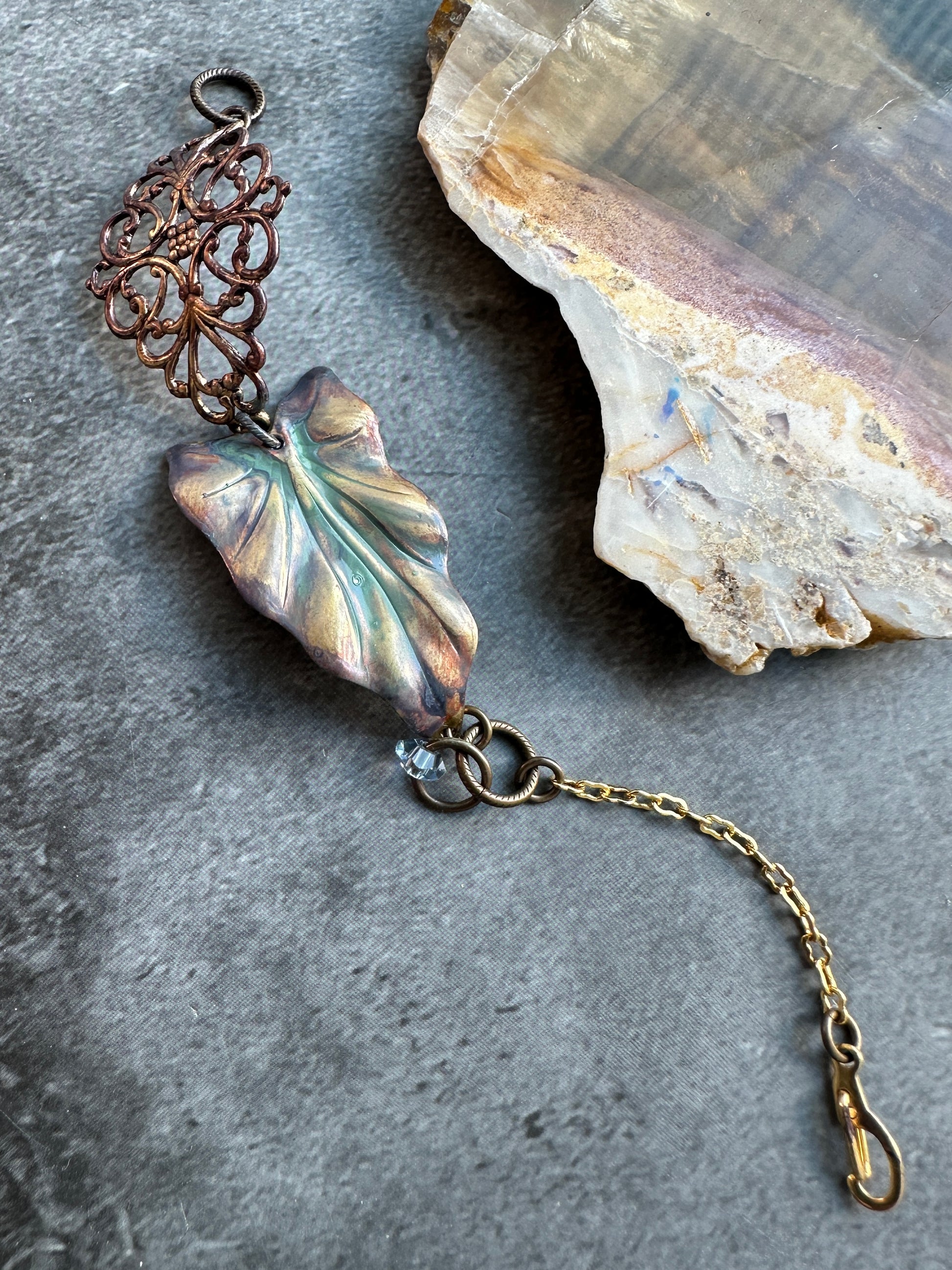 Artisan leaf bracelet with filigree and stone
