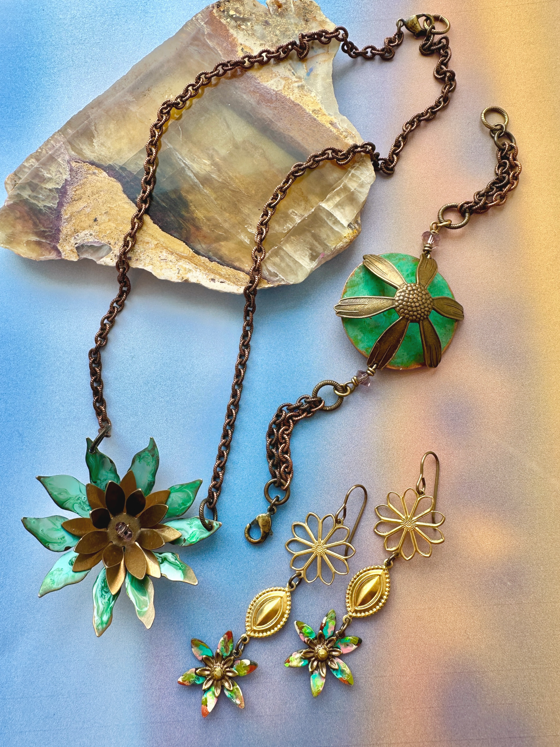 Dapping Enamel Class Necklace Bracelet Earrings Sampler