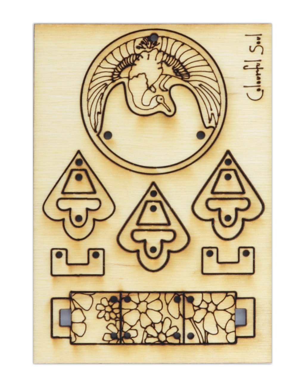 bird, flowers, and geometric elements.