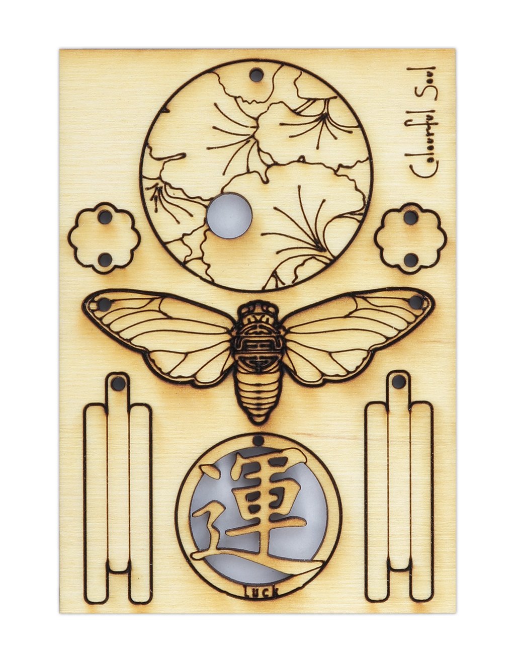 CSAHGG-009 wooden craft with cicada, floral design, and Luck symbol.