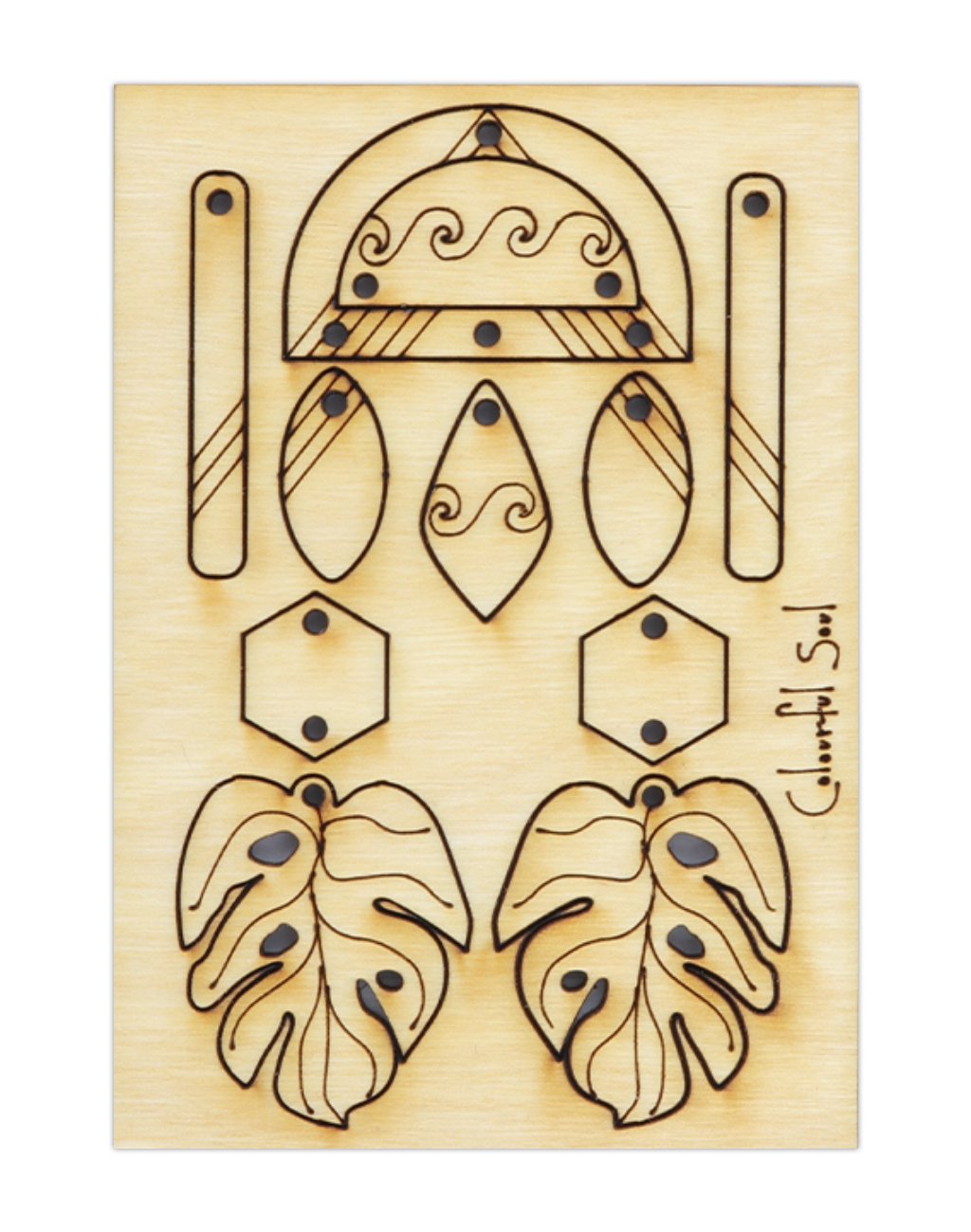 Wooden earring die-cut with leaf & geometric designs.