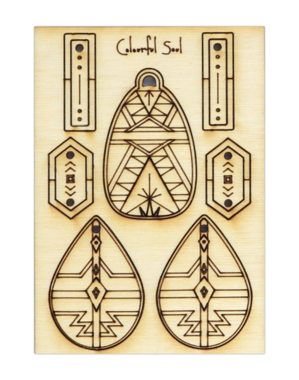Laser-cut wooden Colorful Soul earring designs.