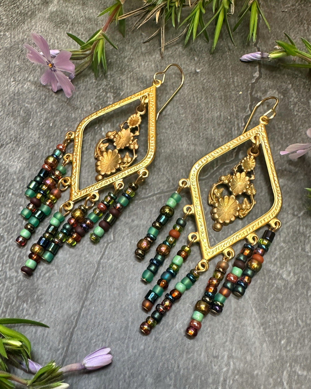 Gold diamond earrings with beaded fringe