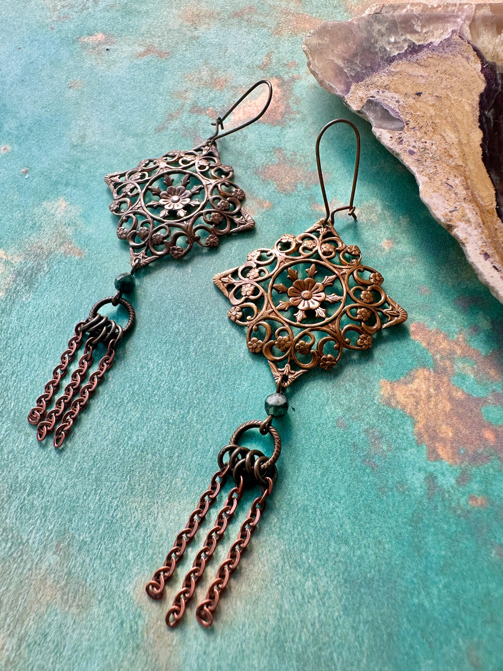 Filigree earrings with chain detail