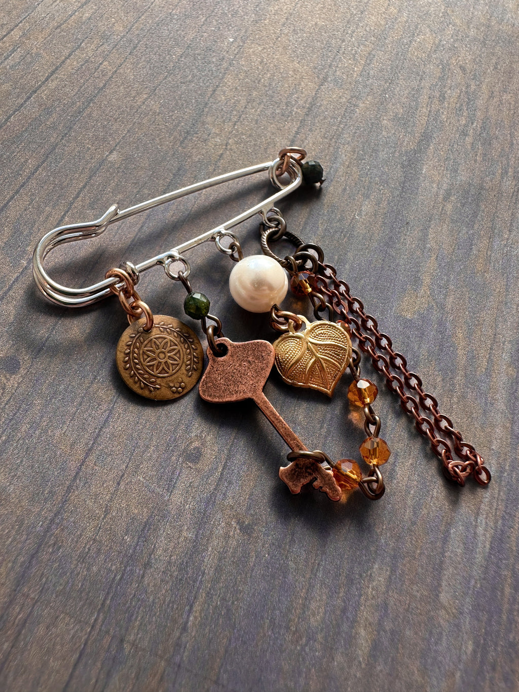 Vintage charm safety pin brooch