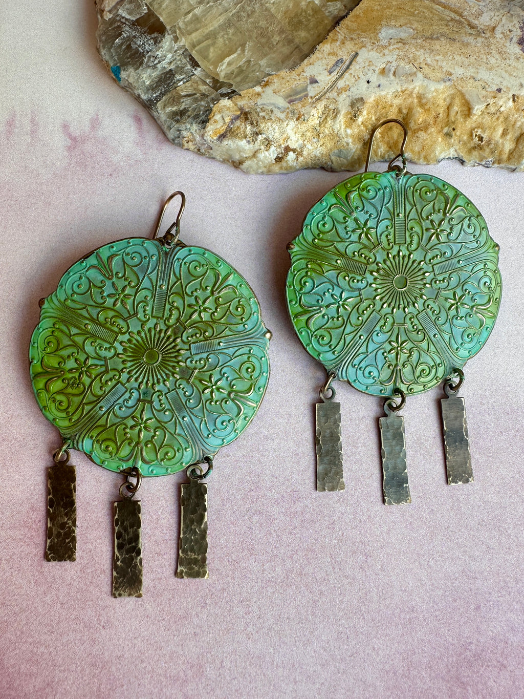 Green and blue mandala earrings with metal accents