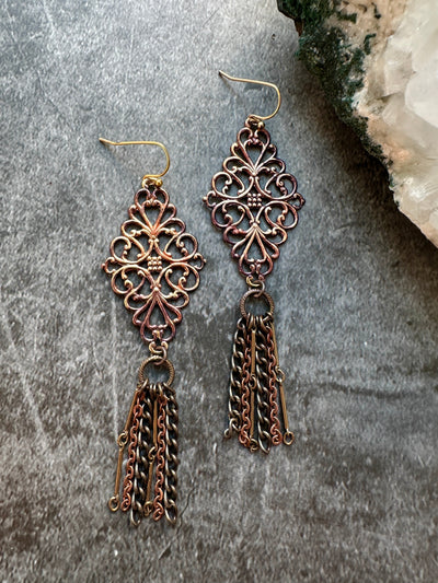 Filigree earrings with chain tassels