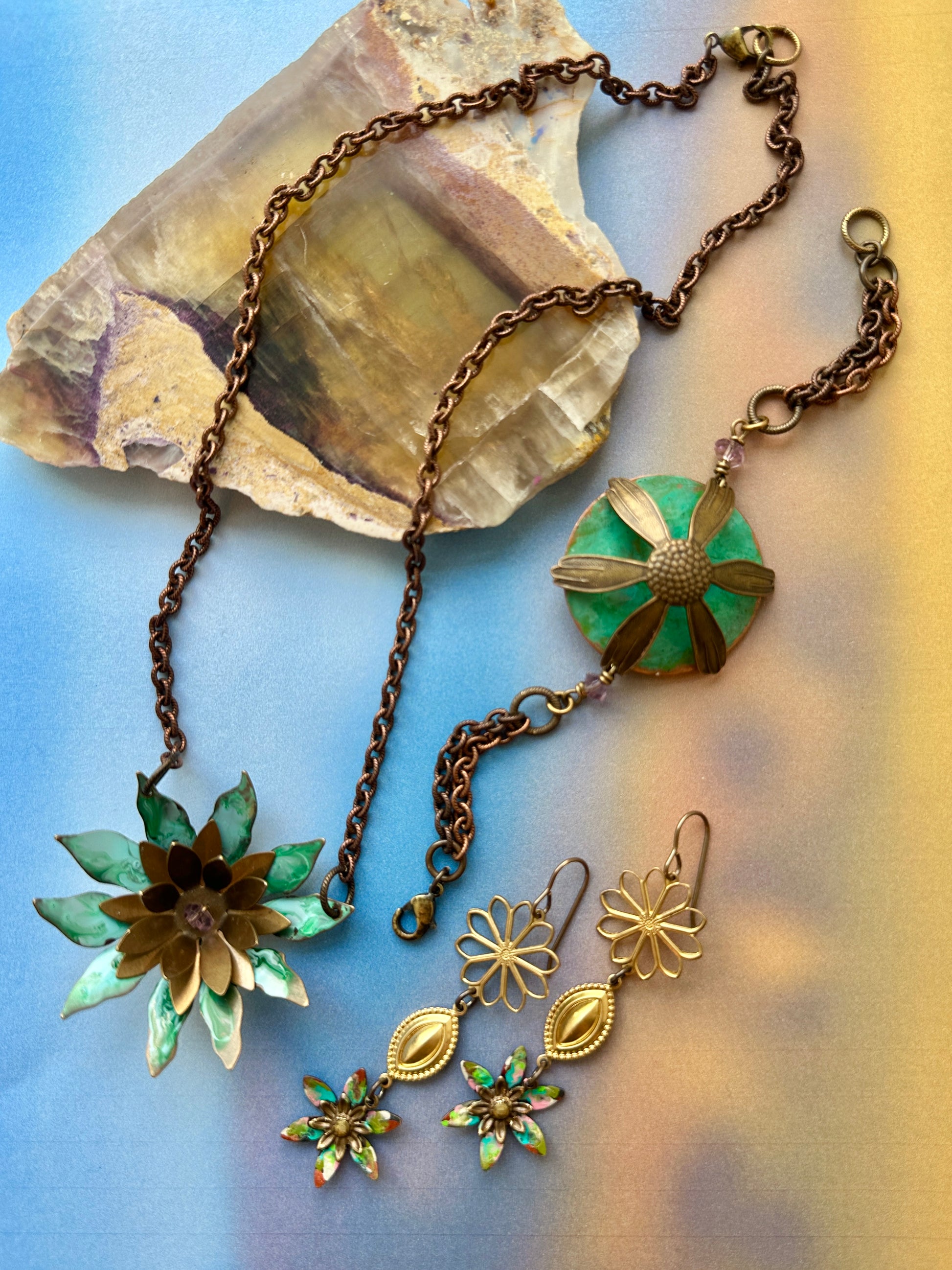Dapping Enamel Class Necklace Bracelet Earrings Sampler