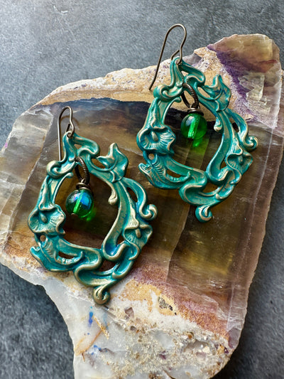 Teal art nouveau earrings with green crystal drops