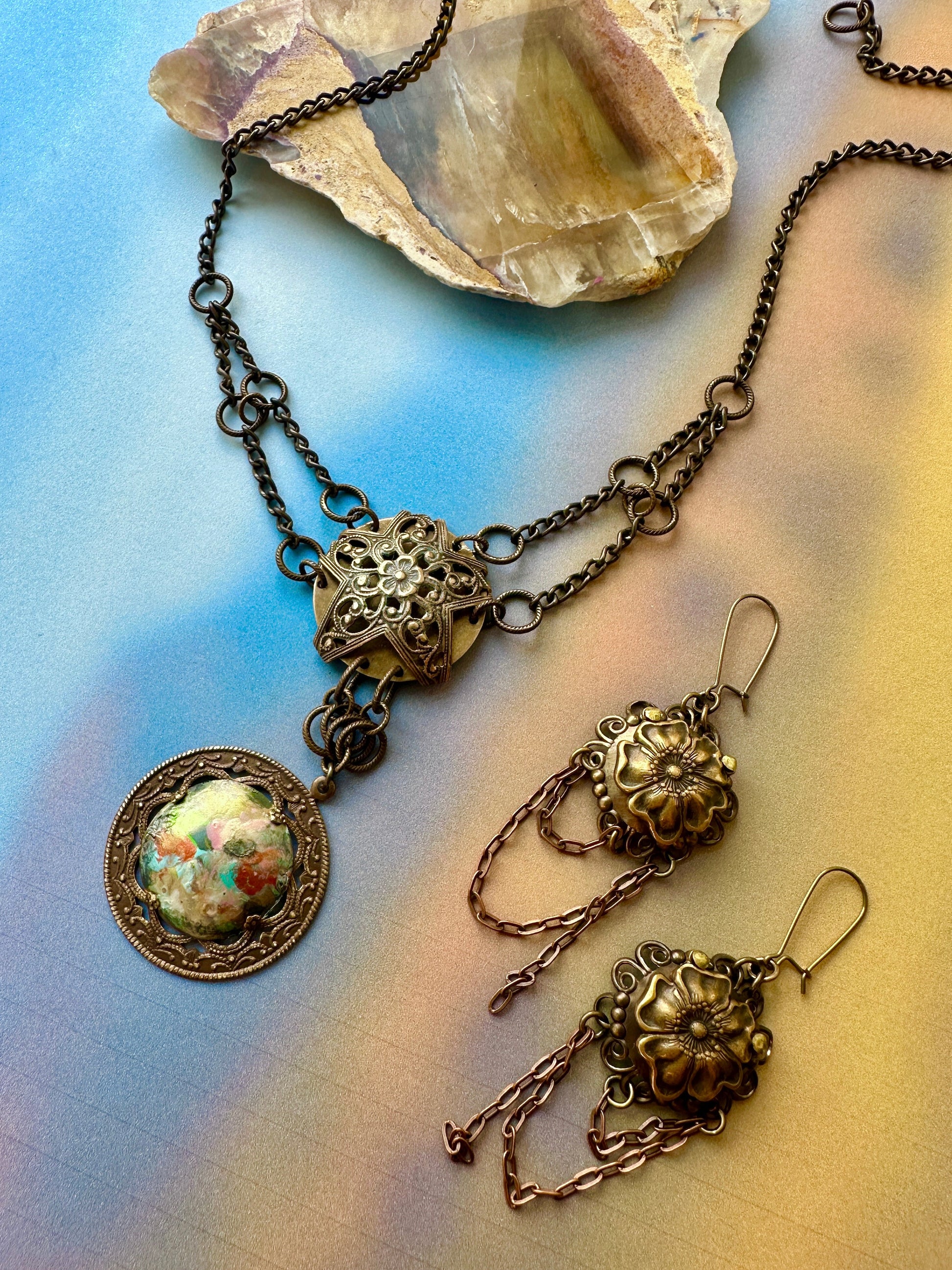 Dapping Enamel Class Necklace Earrings Sampler