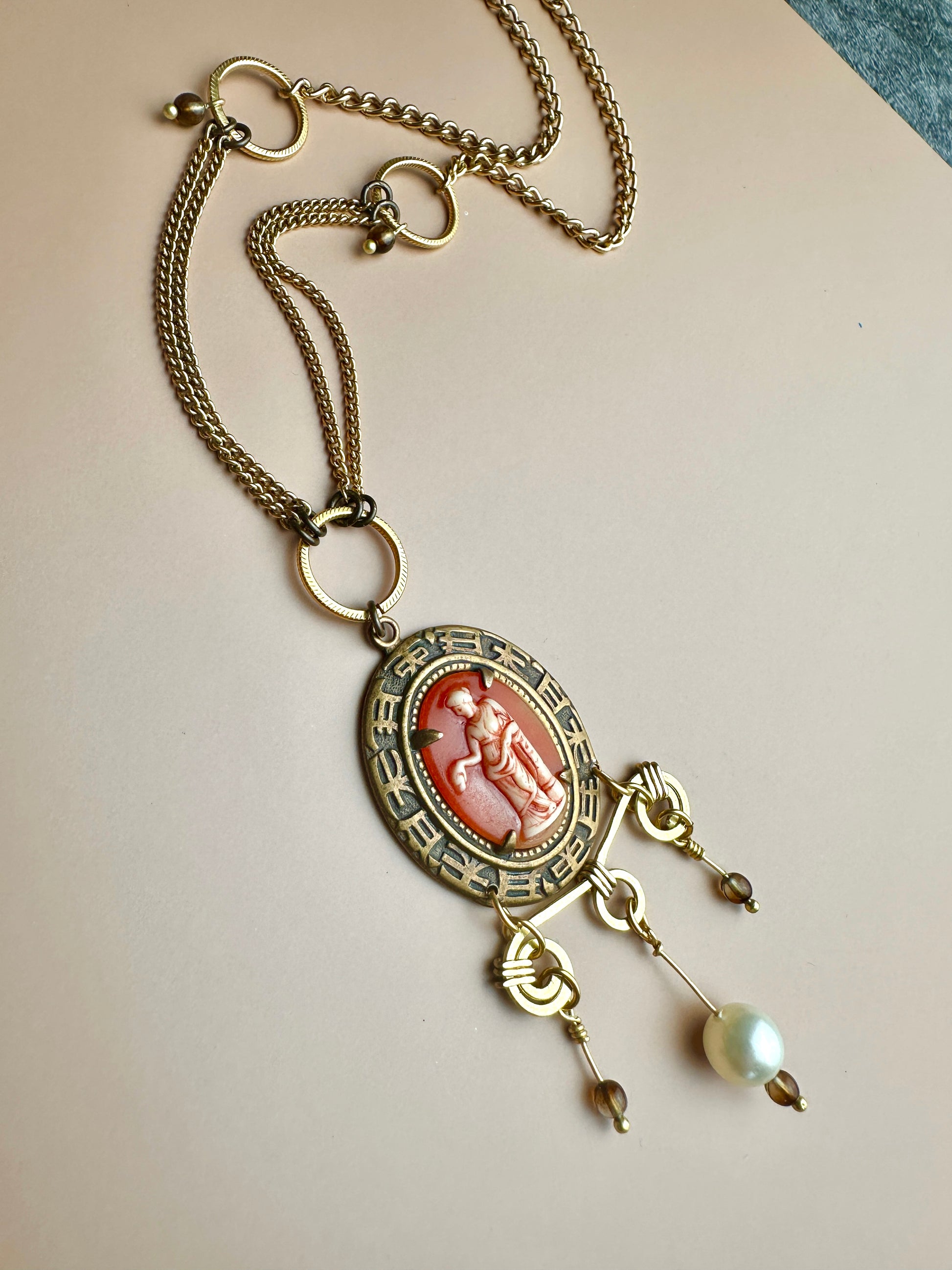 Ancient Pearl Cameo Necklace & Earrings Complete Kit!