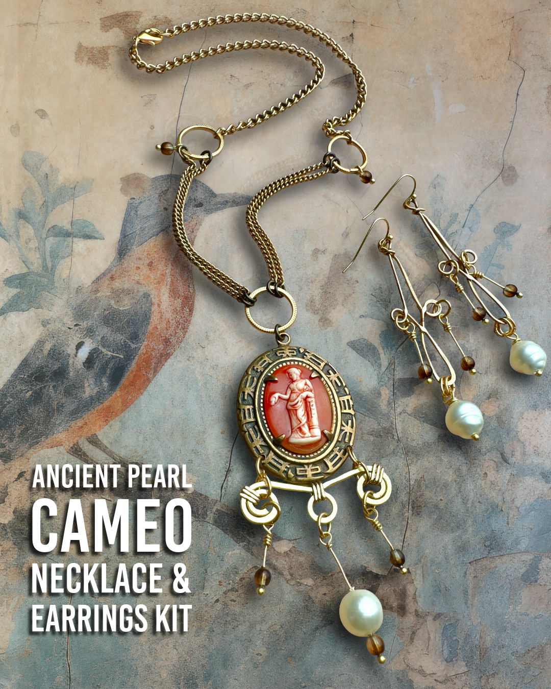 Ancient Pearl Cameo Necklace & Earrings Complete Kit!