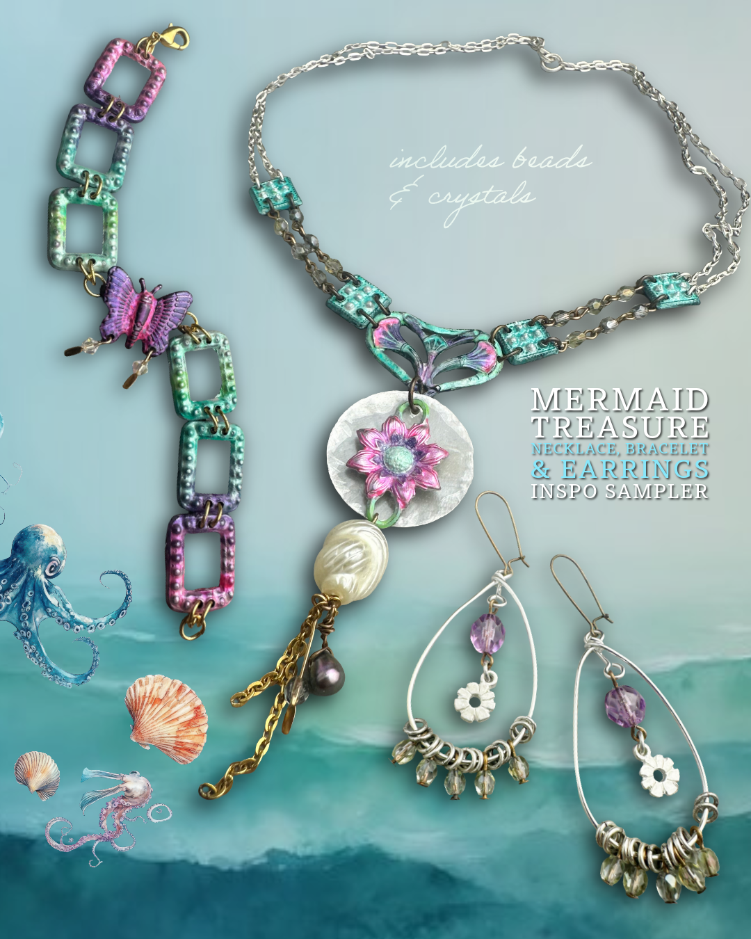 Mermaid Treasure Necklace Bracelet & Earrings Inspo Bundle
