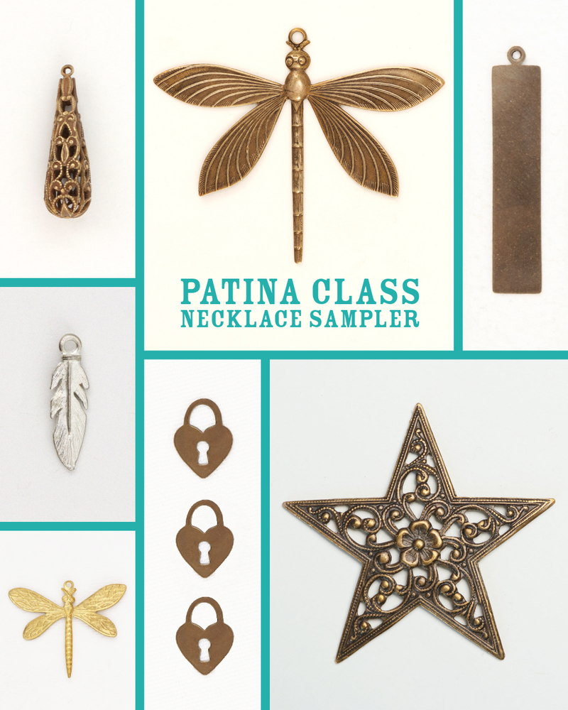 Metal necklace charms in various shapes.