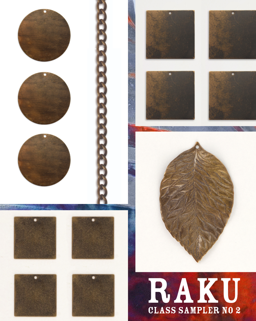 Brown metal shapes and leaf on white and colorful backgrounds.