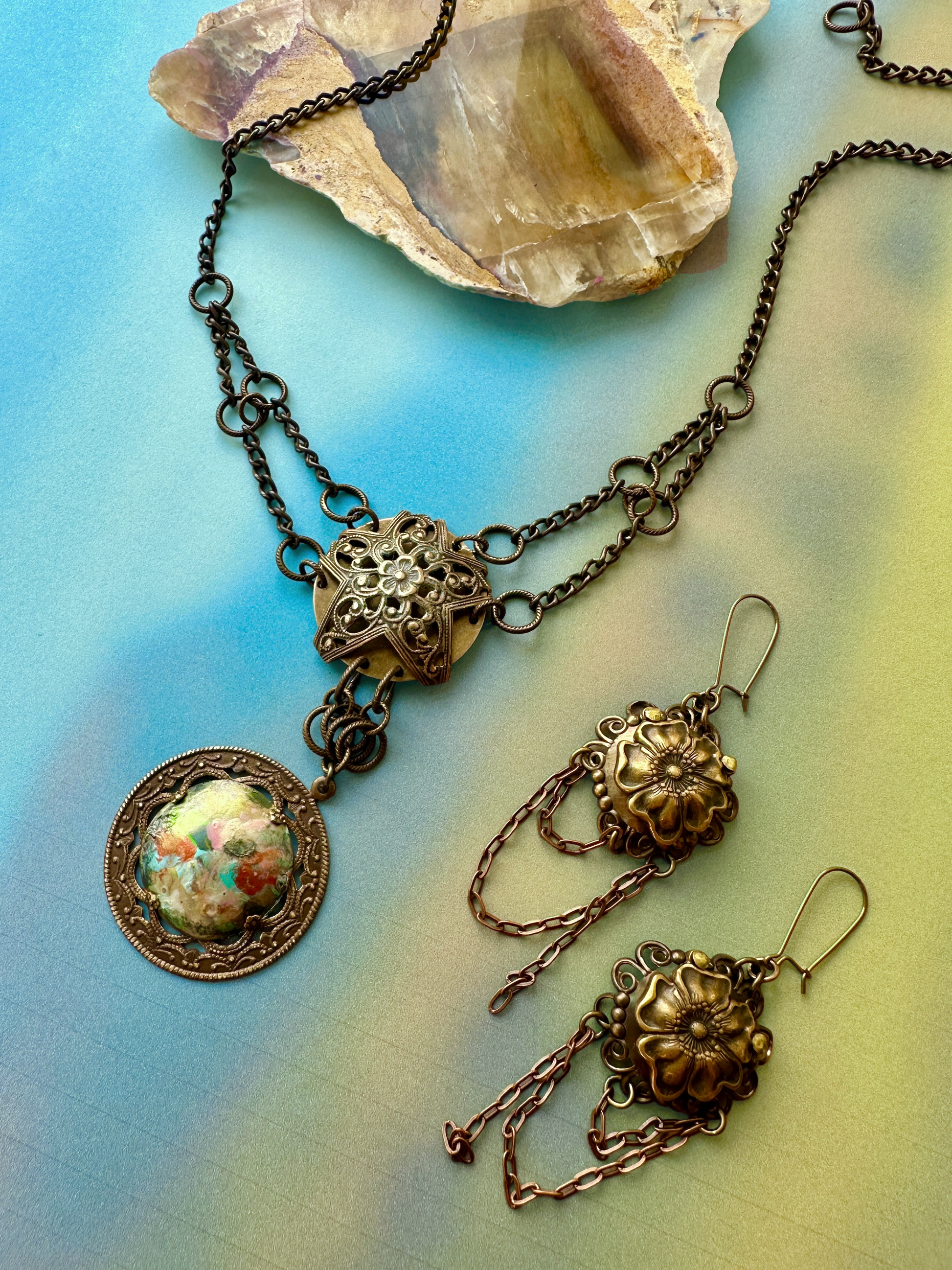 Dapping Enamel Class Necklace Earrings Sampler