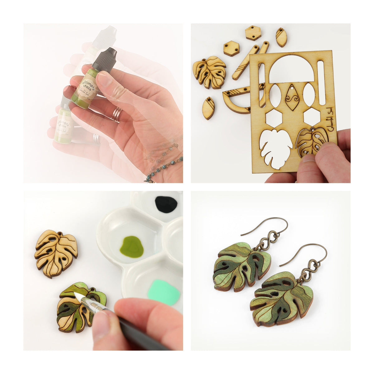 DIY leaf earrings with paint and stencil