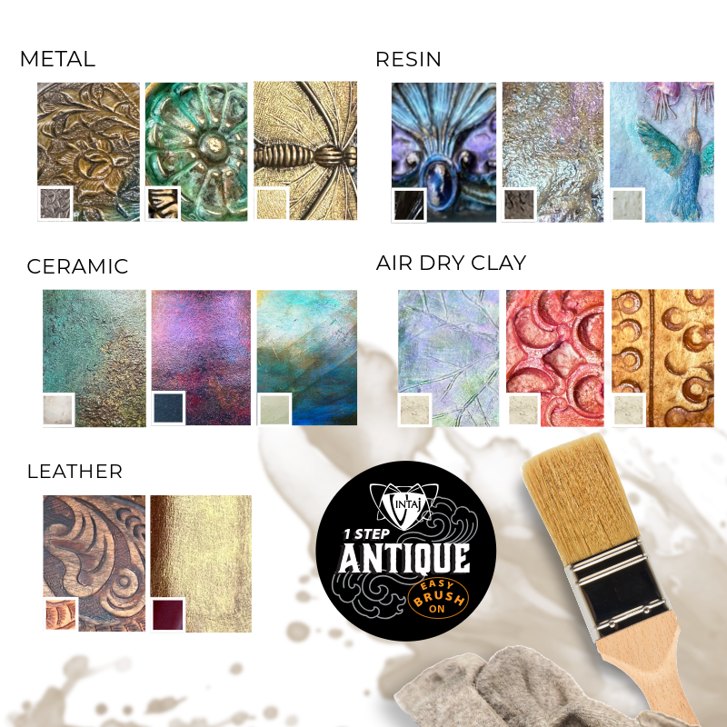 Metal, resin, ceramic, air dry clay, and leather samples with antique finish