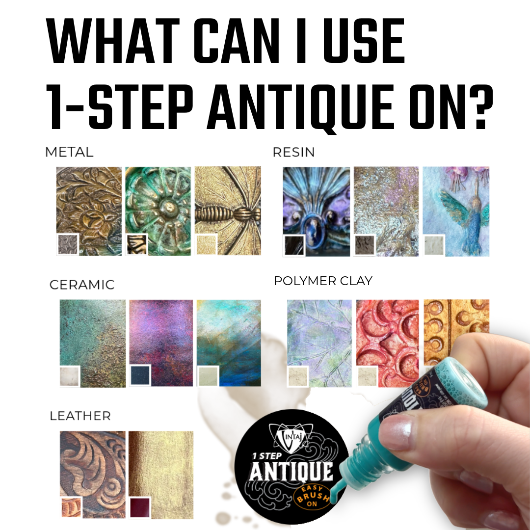 1-Step Antique on metal, resin, ceramic, polymer clay & leather examples