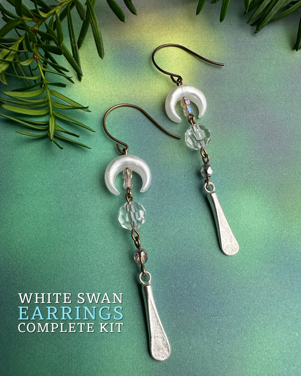 White Swan Crescent Moon Earrings Complete Kit