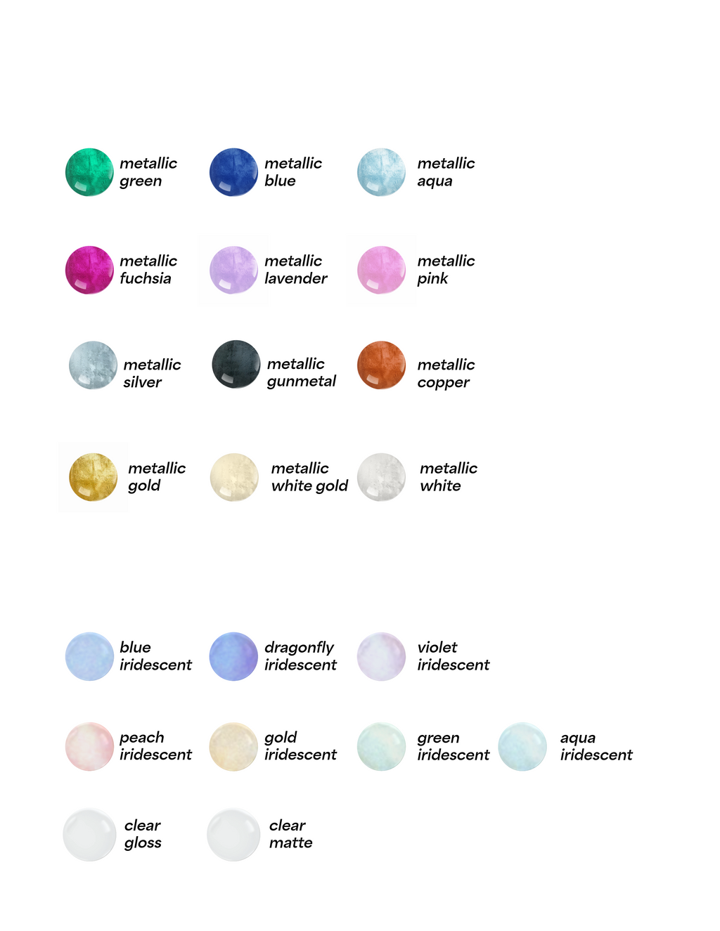 Color swatches, metallic & iridescent finishes