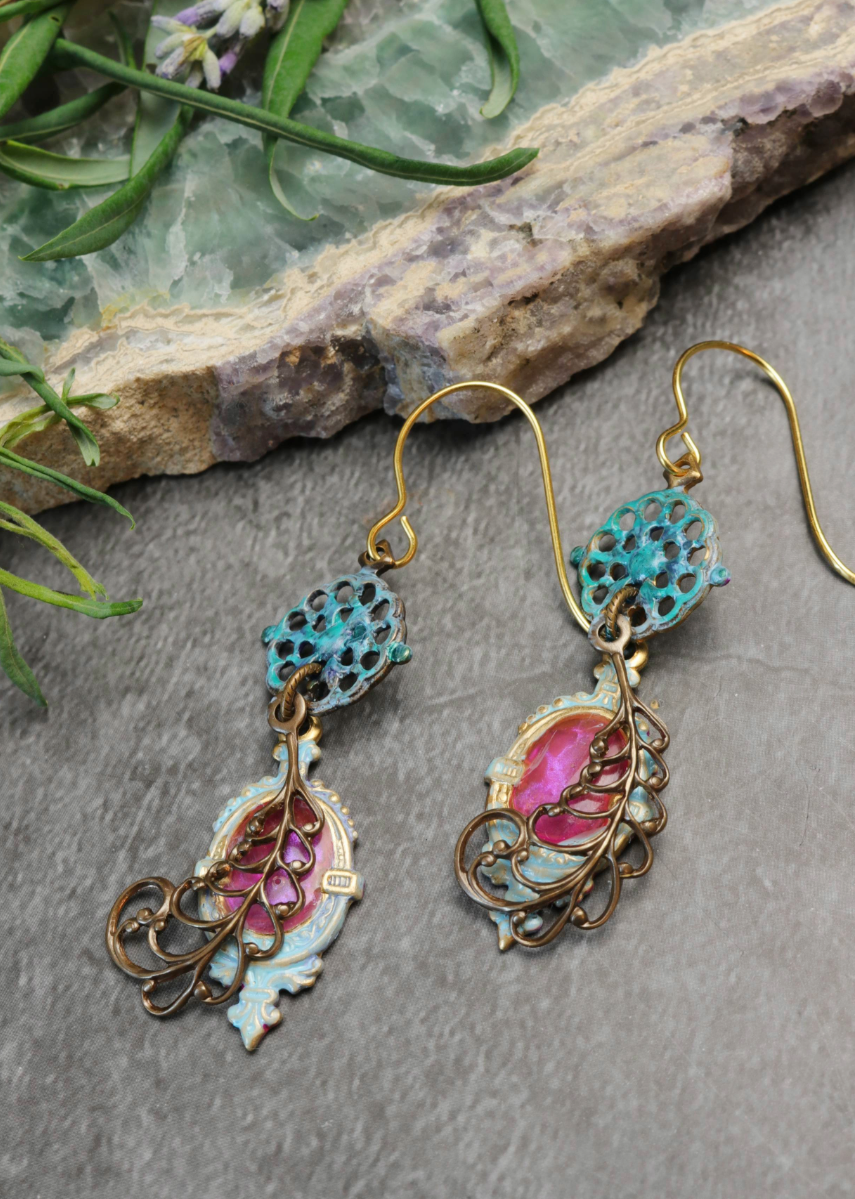 Teal & pink feather earrings