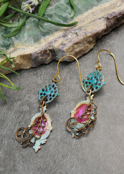 Teal & pink feather earrings