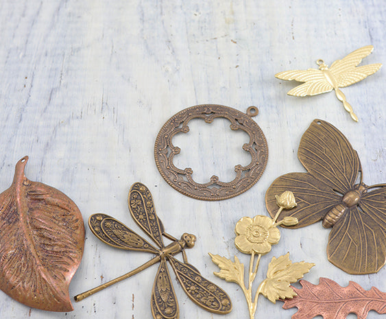dragonfly, butterfly, leaf, flower, and circle.