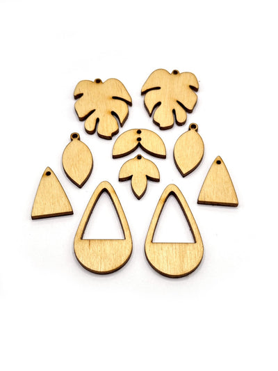 Wooden plant-themed earring panel pieces