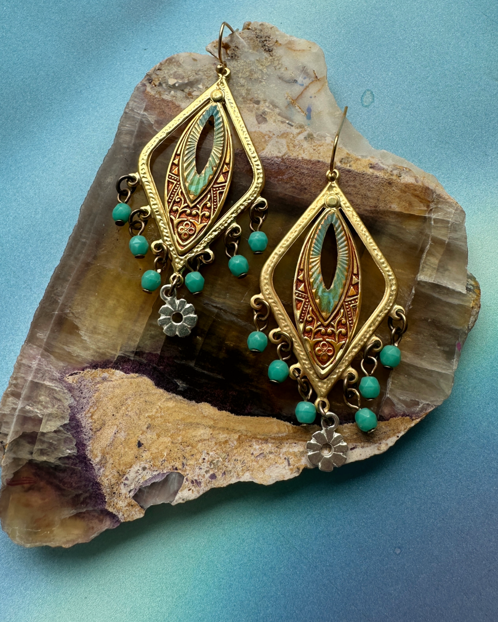 Trend-focused earrings with turquoise beads on display.
