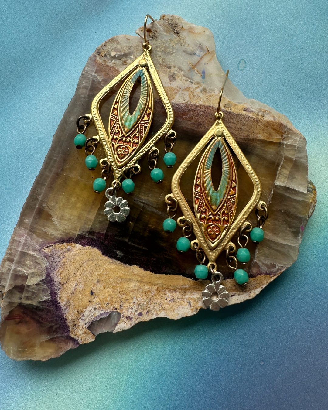 Trend-focused earrings with turquoise beads on display.