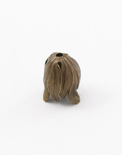 Bronze flower bud detail on white background.