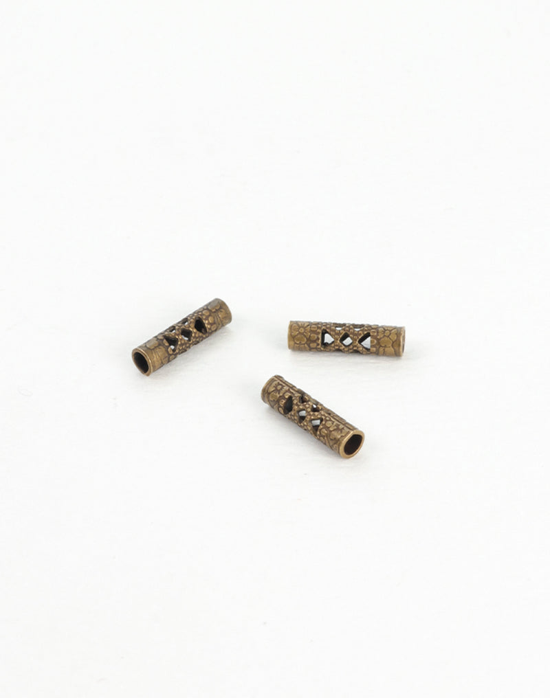 BD130 Bronze tube beads with intricate cut-out design