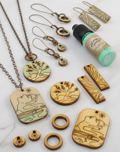 Wooden jewelry and stain bottle