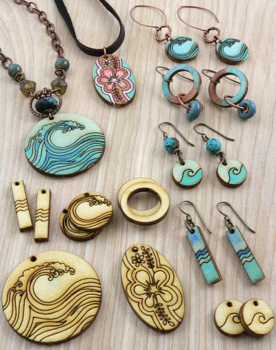 Wooden jewelry, including necklaces and earrings