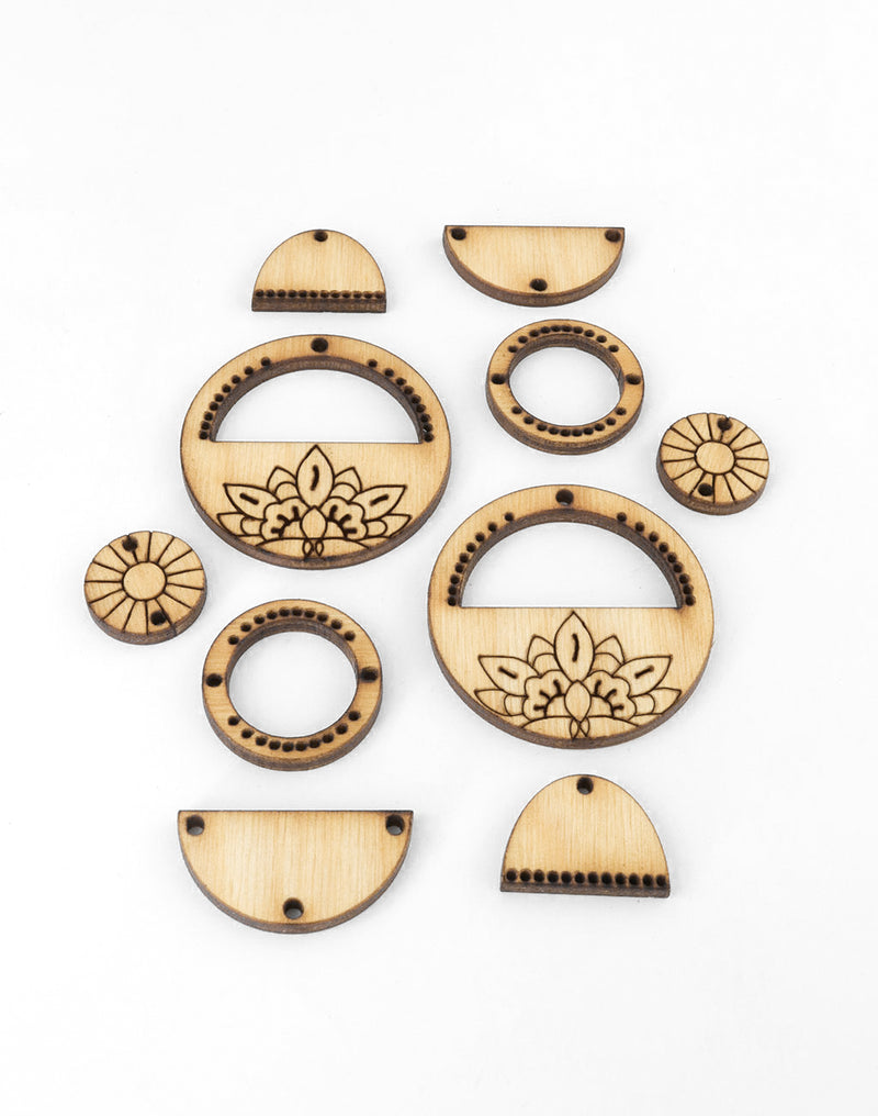 Laser cut wooden earring components with floral designs