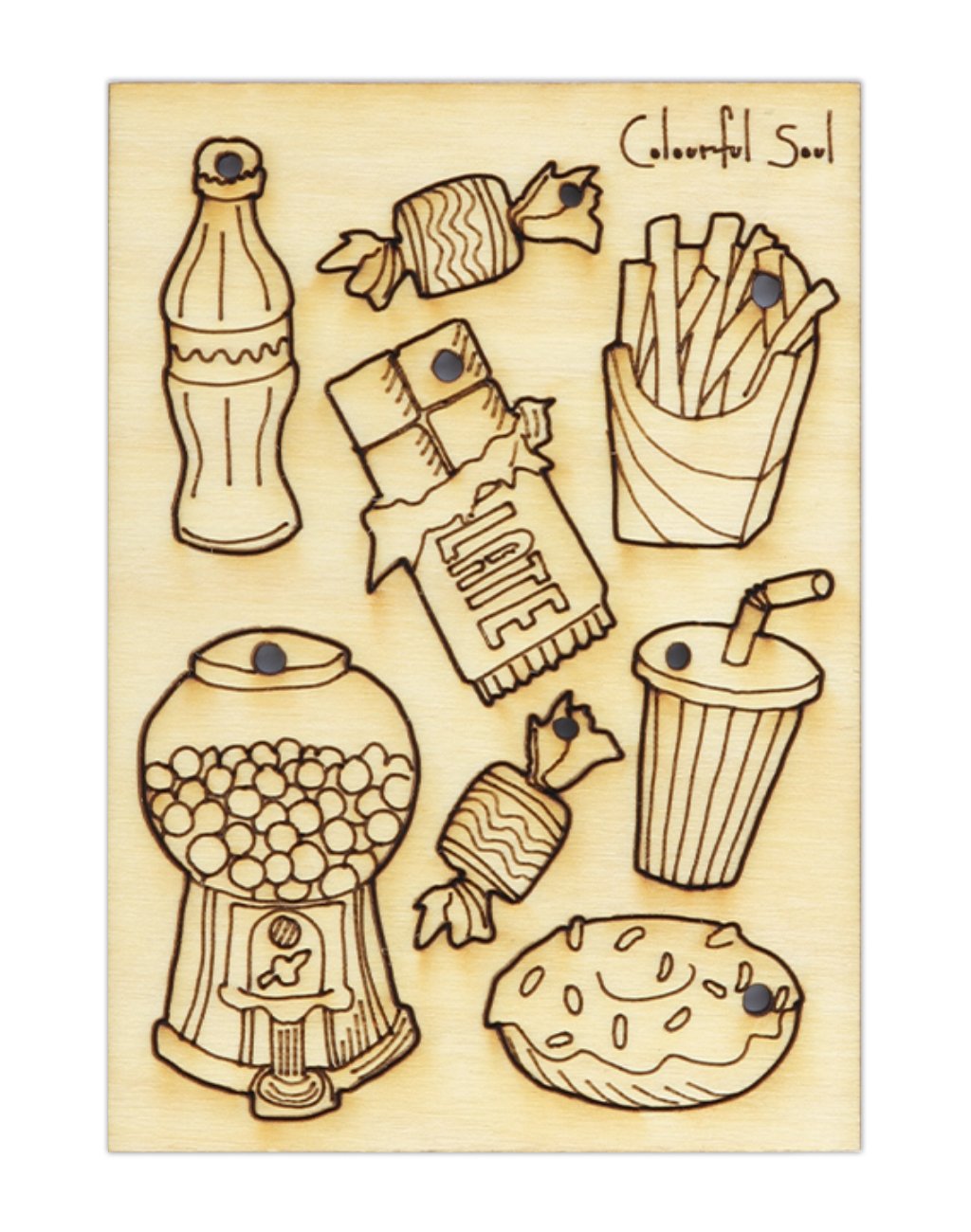 Wooden puzzle of colorful food and drinks.