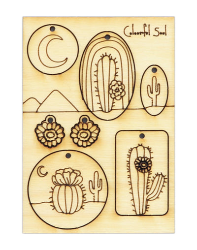 Wooden cactus and moon earring blanks