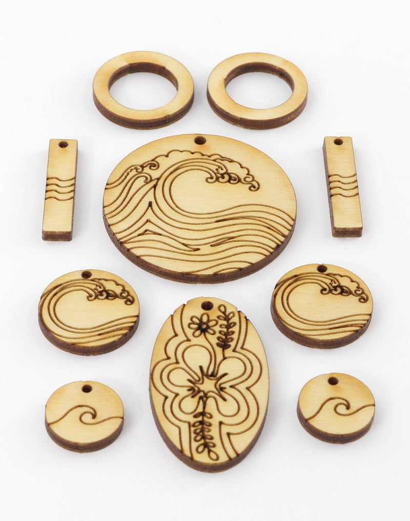 Wooden laser-cut wave & floral pendants