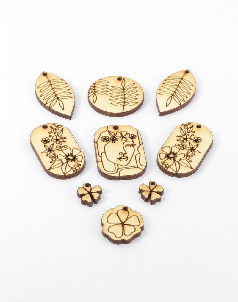 Wooden pendants with floral & face designs