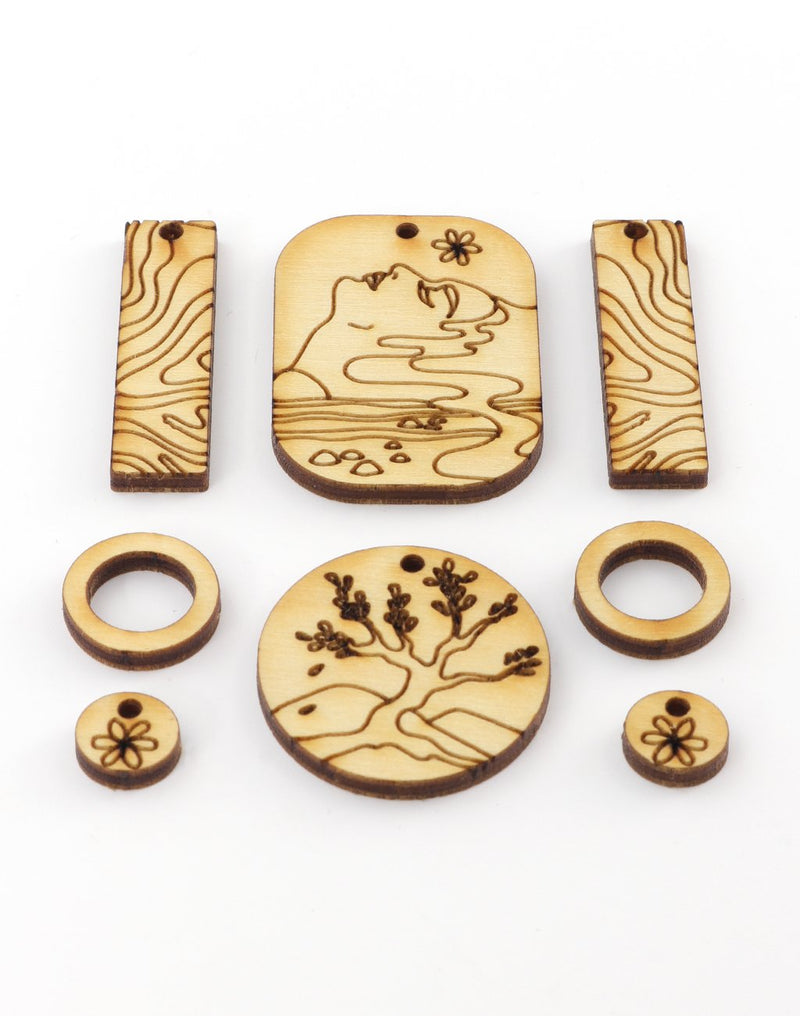CSMMNG-012-B wooden pendant & earring set with engraved nature scenes