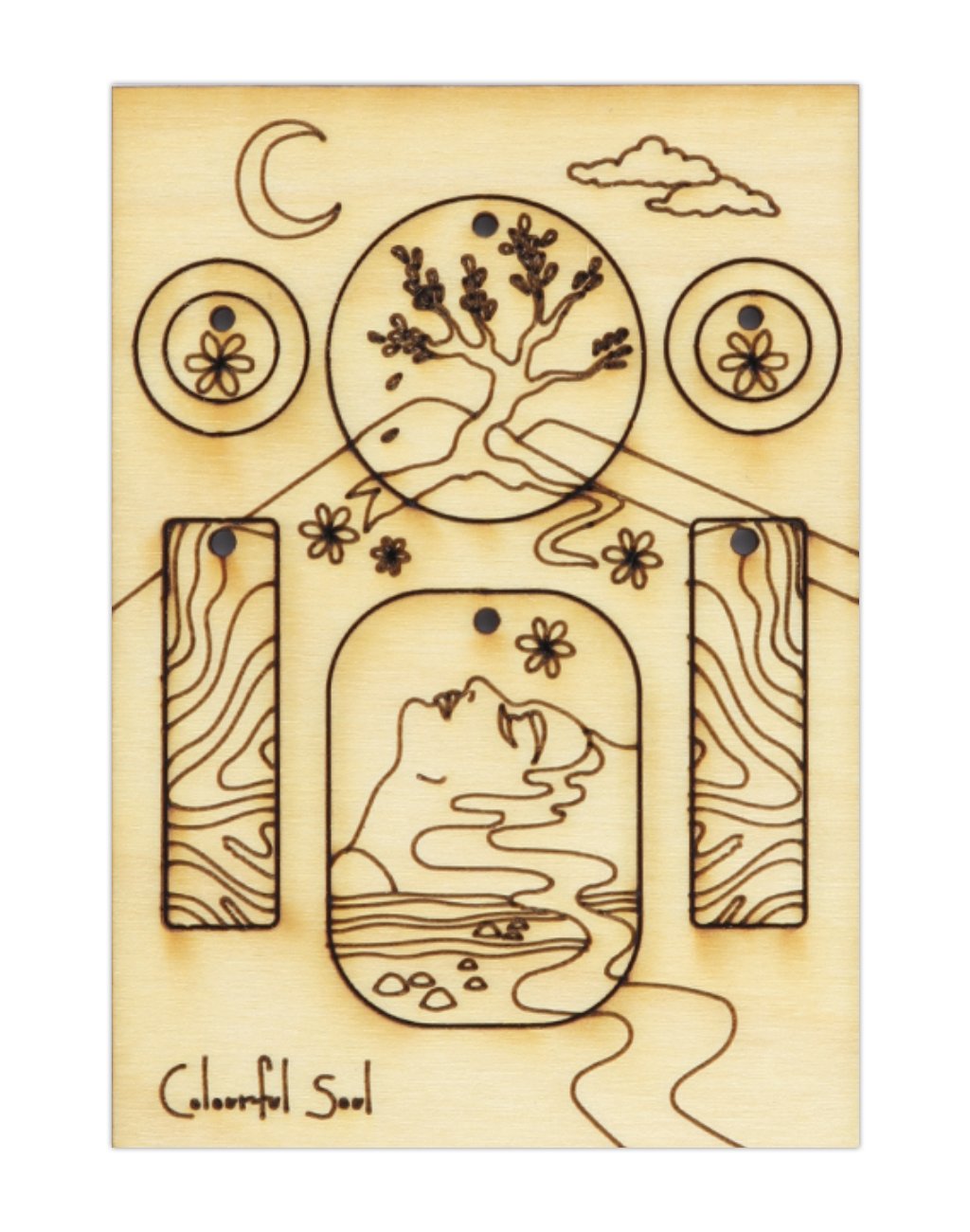 Colorful Soul wooden art with tree, moon, and figure