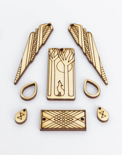 CSWMPD-001-A Wooden jewelry set with wolf, trees, and geometric designs