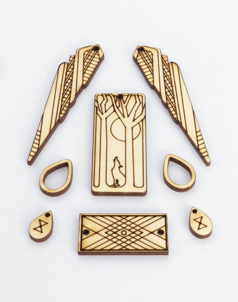 CSWMPD-001-A Wooden jewelry set with wolf, trees, and geometric designs