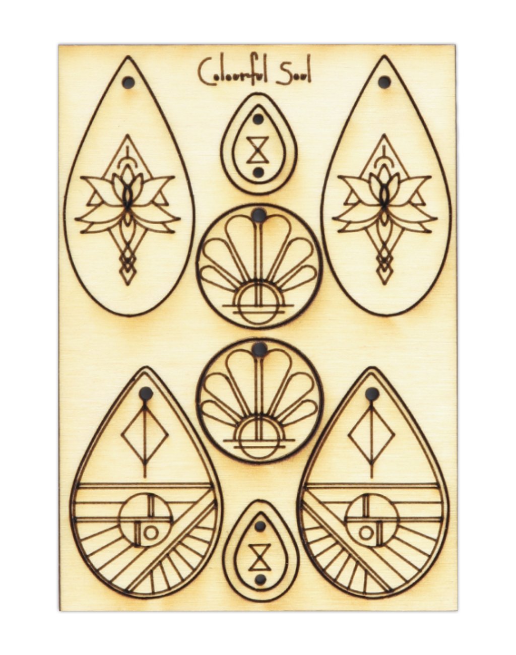 Colorful Soul earring cutouts in wood