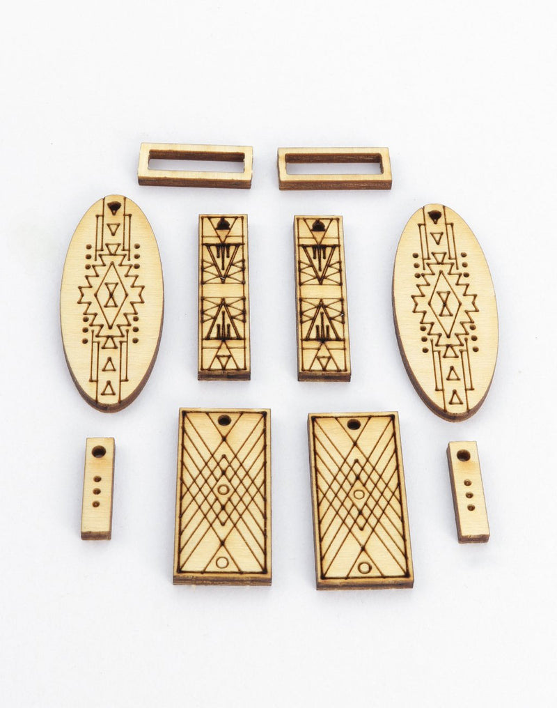 Laser-cut wood jewelry components with geometric design