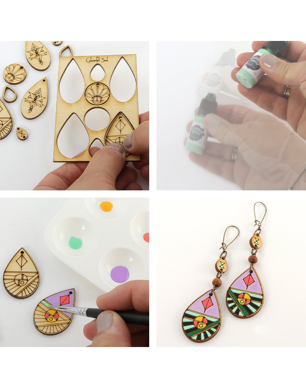 wooden cutouts, painting, and finished earrings.