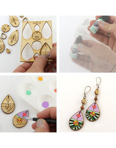 wood cutouts, paint, and finished earrings.